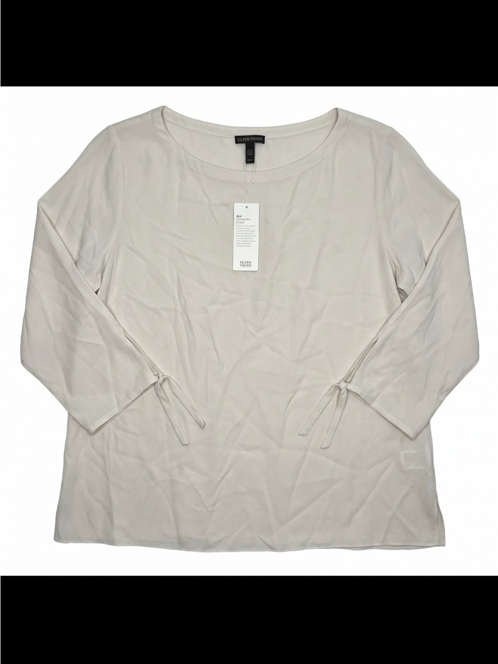 NWT $278 Eileen Fisher BONE Silk Crepe Bateau Neck Tie Sleeve Blouse Size M NEW